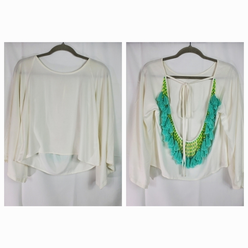Fringe and Beaded thin white long bell sleeve top By Sundress size Small